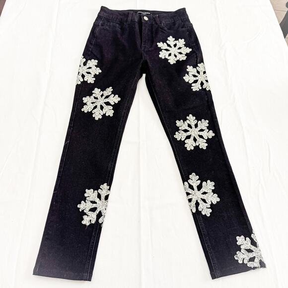 Boston Proper Snowflake Embroidered Embellished Black Skinny Jeans Size 2 - Picture 2 of 9